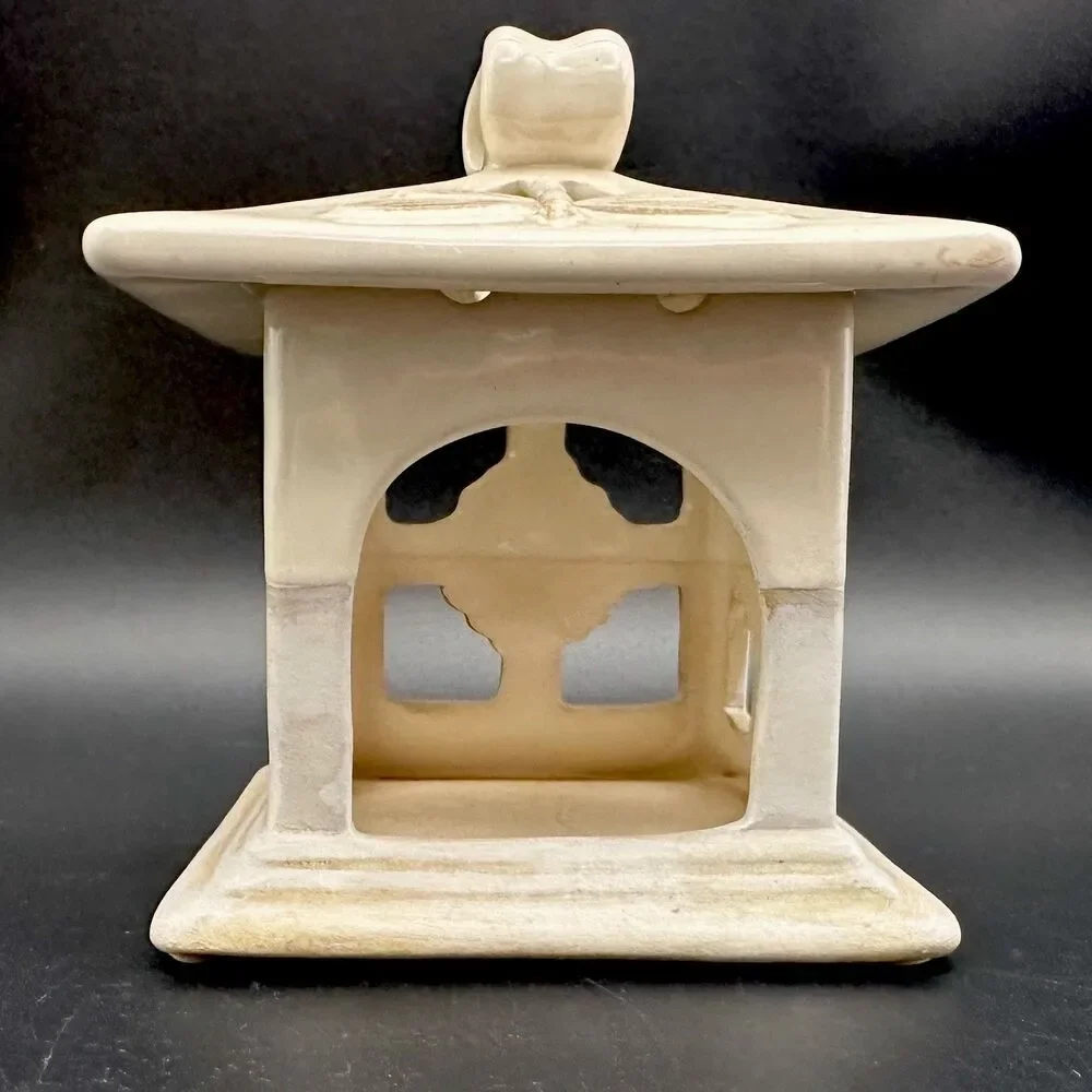 VTG Yankee Candle Stoneware Pagoda Tea Light Holder Dragonfly Ceramic Lantern 4”
